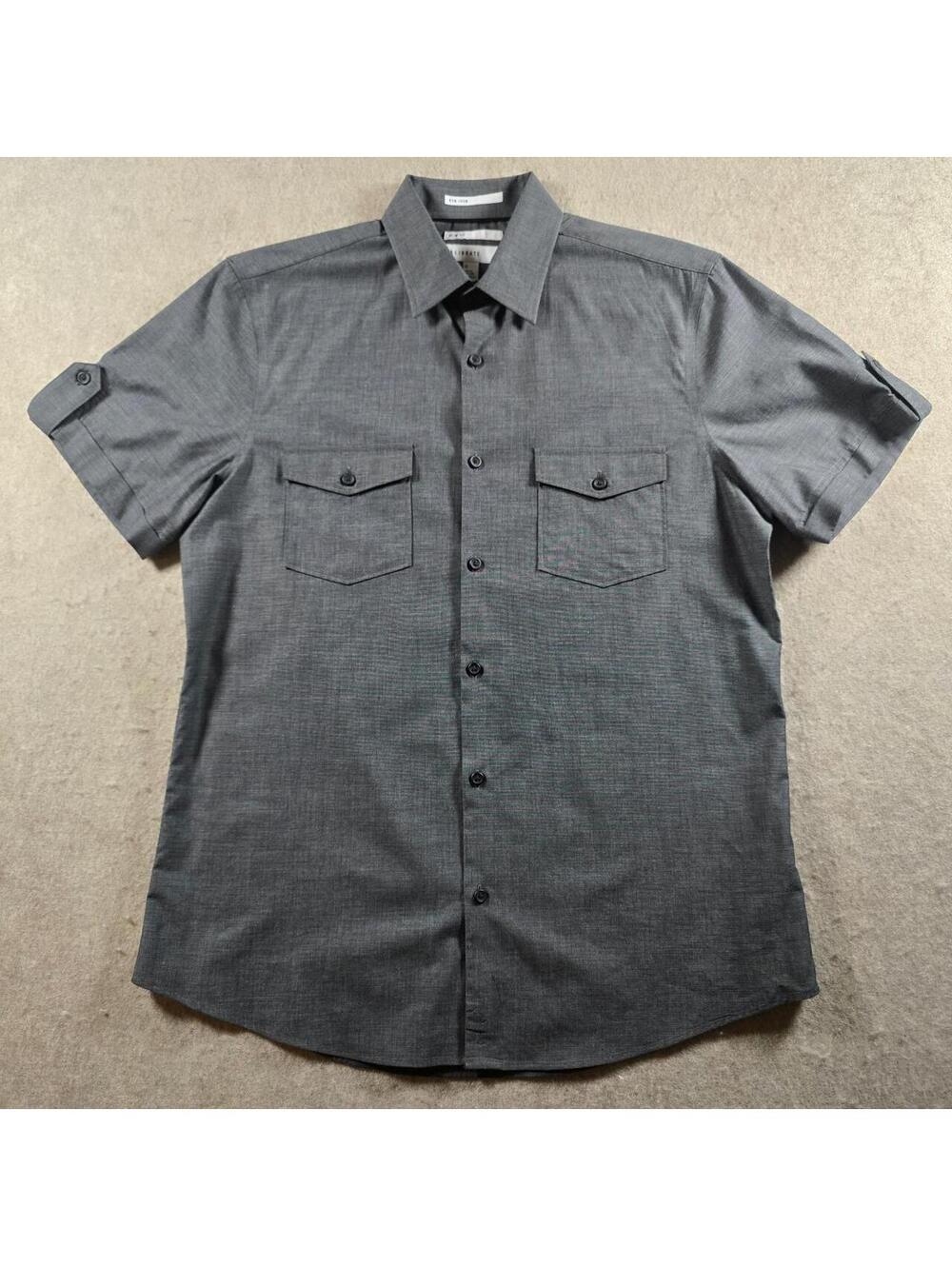 Calibrate Mens Slim Fit Non-Iron Short Sleeve Button Down Shirt Grey Medium